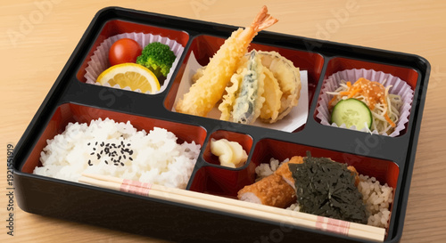 Japanese Bento Box with Various Dishes.