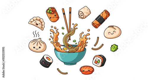 Sushi and Ramen in Bowl with Chopsticks.