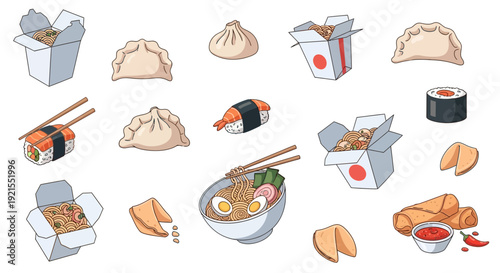 Assorted Asian Takeout Food Items Displayed.