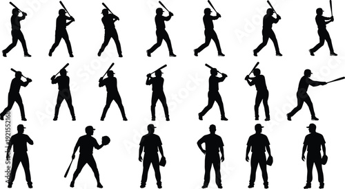 Baseball Player Silhouette Set Vector Illustration Collection Featuring Batting and Fielding Poses Isolated on White Background Sports Design