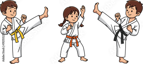 Cute cartoon kids practicing karate illustration featuring boys and girl performing martial arts kicks and stances, colorful sports vector isolated on white