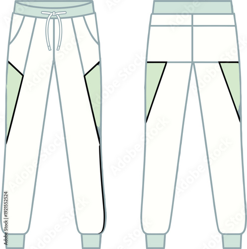 Women jogger pants technical flat sketch front and back view, modern athleisure sweatpants with color block panels and elastic cuff design