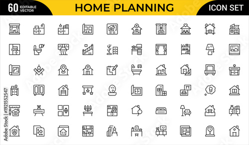 Home Planning Line Icon Set. Architecture, Interior Layout and House Design Outline Icons, Editable Stroke, Pixel Perfect Vector