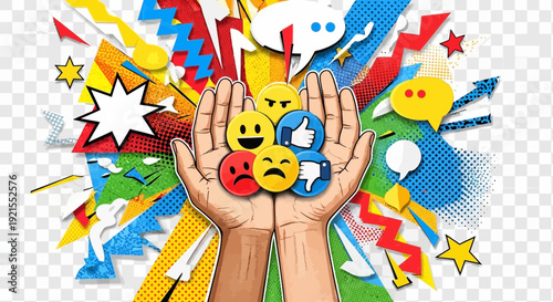 hands holding emotions, social media concept, feedback