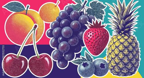 Colorful fruit collage: cherries, grapes, pineapple, and more