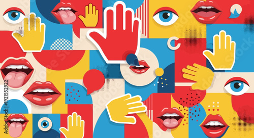 abstract art hands eyes lips speech bubble colorful background