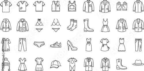 Clothing and Fashion Line Icon Set with Shirts, Dresses, Shoes and Accessories Outline Vector Collection