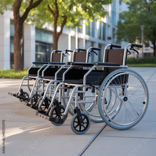 Row of empty metal wheelchairs outside.