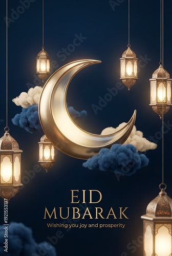 Luxury Eid Mubarak 3D Render with Gold Crescent Moon, Glowing Arabic Lanterns, and Soft Clouds on Dark Blue Background; Elegant Islamic Greeting Card for Ramadan, Eid al-Fitr, and al-Adha