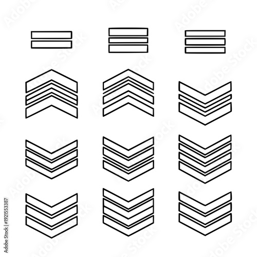 Military rank chevron stripes badge line icon set vector isolated on transparent background