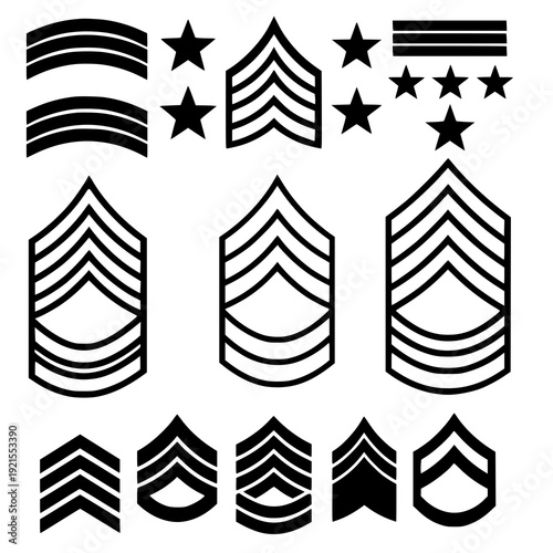 Army rank insignia chevron stripes black silhouette vector icon collection isolated on transparent background