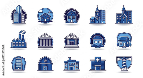 Collection of Blue Building Icons Representing Different Structures.
