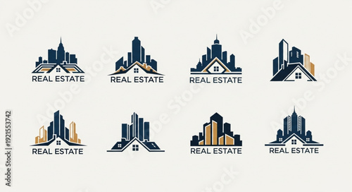 Collection of real estate logos featuring city skylines and houses.