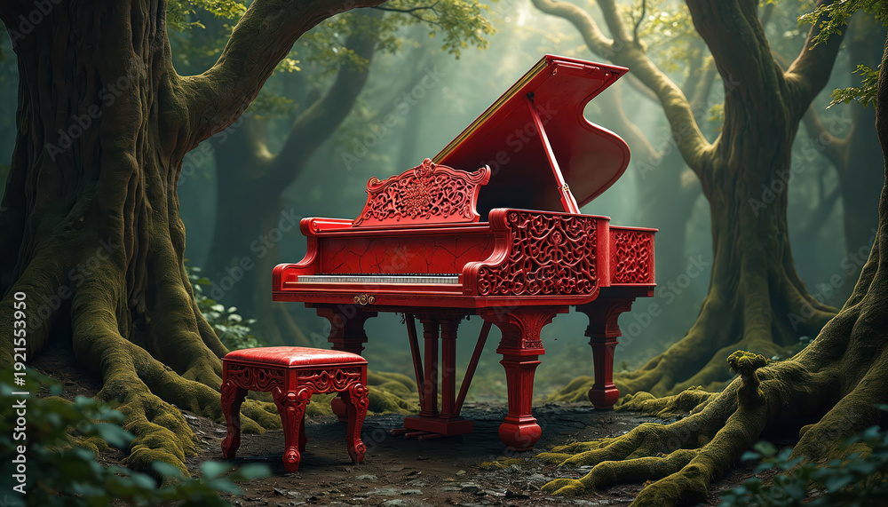 Fototapeta premium Red grand piano sits in foggy forest among mossy trees. Ornate musical instrument rests on forest floor, evoking mystery and nature harmony. Serene, atmospheric scene.