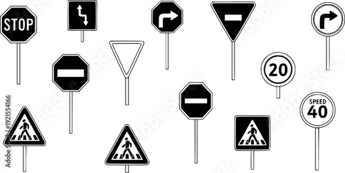 Collection of various traffic signs and symbols isolated on transparent background for road safety and navigation
