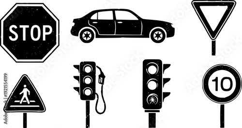 Collection of black silhouette icons representing traffic signals road signs pedestrian crossing and a car on a white background
