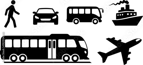 Transportation icons set featuring pedestrian car bus train ship and airplane silhouette on transparent background
