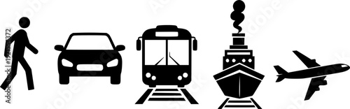 Transportation icons set featuring pedestrian car bus train ship and airplane silhouette on transparent background
