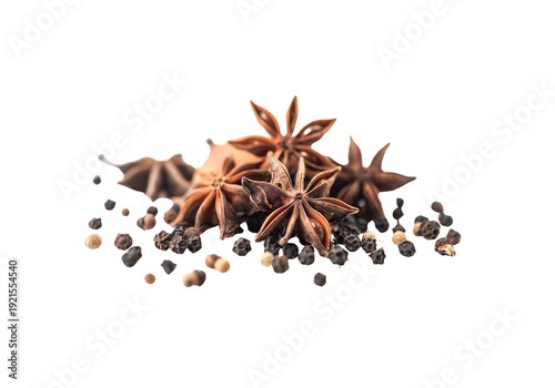 Wallpaper Mural Star anise and black peppercorns isolated on black background. Aromatic dried spices with rich brown tones and detailed texture, ideal for culinary, seasoning, herbal, and food photography concepts Torontodigital.ca
