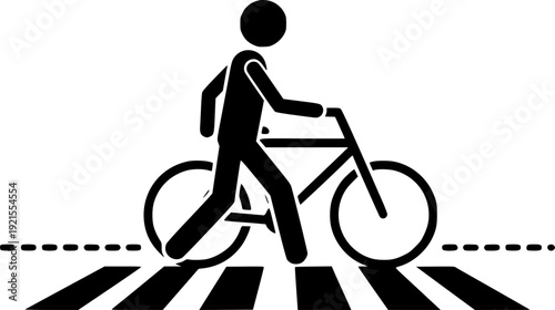 Pedestrian and Bicycle Crossing: A simple yet powerful icon representing a person walking and pushing a bicycle across a crosswalk. Emphasize safe pedestrian and cyclist interaction.