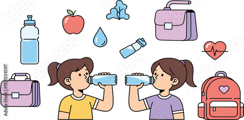 Children drinking water and school health icons set, flat vector illustrations with girls holding water bottles, backpacks, red apple and hydration symbols isolated on white background.
