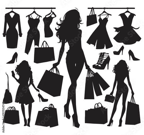 Fashion Shopping Woman Silhouette Collection for Boutique Design