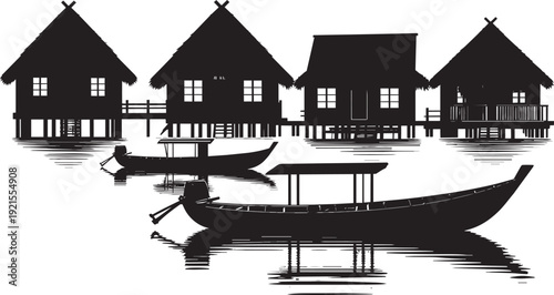Riverside village silhouette vector, houses beside water line with boat shape, flat minimal black SVG, white background