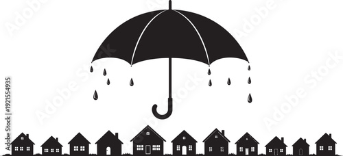 Rainy village skyline silhouette vector, umbrella shape and rooftops simplified to bold black design, isolated on white