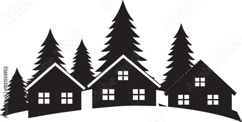 Mountain village silhouette vector icon, small homes along hillside with pine trees, high contrast black design, isolated on white