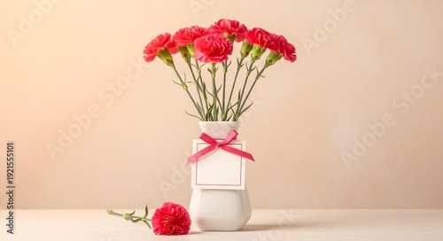 Happy mother's day bouquet of red roses in white vase with ribbon
