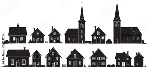 European style village silhouette vector, church tower and compact houses, clean, sharp edges, solid black fill, white background