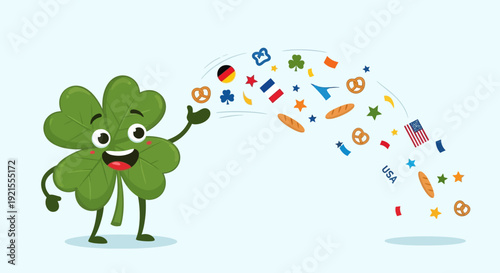 Clover character throwing healthy food.