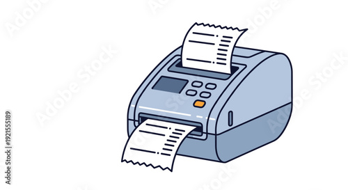 Vintage-style illustration of a fax machine or thermal receipt printer issuing a long paper document, isolated on a white background.