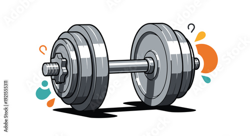 Heavy adjustable dumbbell illustrated in a graphic style with colorful abstract splashes, representing fitness, weightlifting, and exercise.