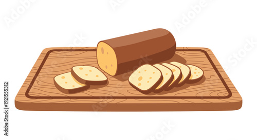 Sliced smoked sausage or cheese log presented on a rustic wooden cutting board, ready for serving as an appetizer or snack.