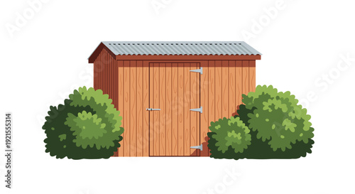 Quaint wooden garden shed with a corrugated metal roof, hidden among lush green bushes, perfect for storing tools and equipment.