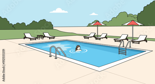 Woman relaxing and swimming in a private backyard swimming pool on a sunny day, with lounge chairs and umbrellas on the patio.