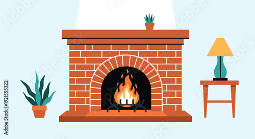Cozy and warm living room interior scene with a fire burning in a brick fireplace, flanked by houseplants and a side table with a lamp.