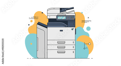 Modern office multifunction printer and copier machine shown against a background of abstract colorful shapes, for business document needs.