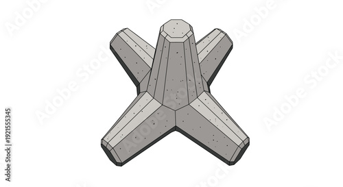 Isometric illustration of a single concrete tetrapod, a structural element used to build breakwaters for coastal protection.