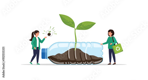 Conceptual illustration on recycling and sustainability, with people turning a large plastic bottle into a planter for a new green sprout.