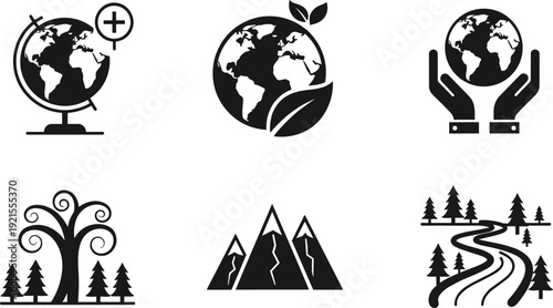 Set of black ecology icons featuring earth globes with leaves hands holding world mountain peaks and winding forest river for environmental conservation and nature concepts
