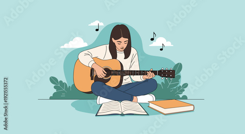 Young woman sitting peacefully outdoors playing an acoustic guitar while learning from a music book, enjoying her creative hobby.