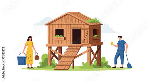 Man and woman working together on home maintenance and chores around a charming small wooden house built on stilts in the countryside.