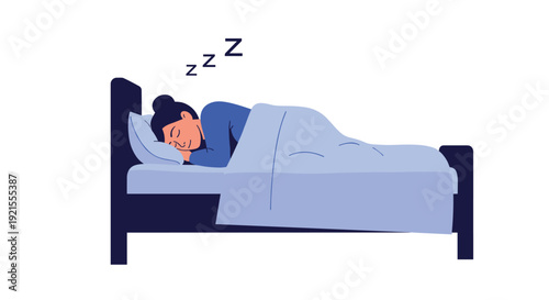 Woman sleeping peacefully in her bed under a blue blanket, dreaming and resting comfortably through the night in her bedroom.