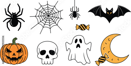 Halloween spooky elements set, flat vector illustrations with scary pumpkin lantern, ghost, skull, bat, spider webs and candies isolated on white background.