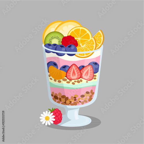 Fruit parfait glass with layers of pink yogurt, granola, sliced oranges, kiwi, and strawberries.