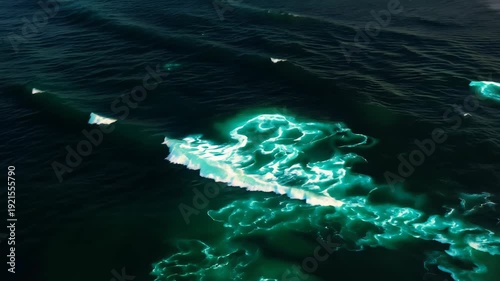 Ocean waves create dynamic patterns on the surface, with foamy white crests contrasting against deep blue water near sandy beach in a coastal landscape