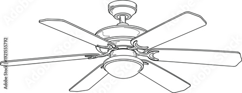 Modern ceiling fan outline illustration with five blades and integrated light fixture isolated on white background for interior home ventilation and electrical design concepts