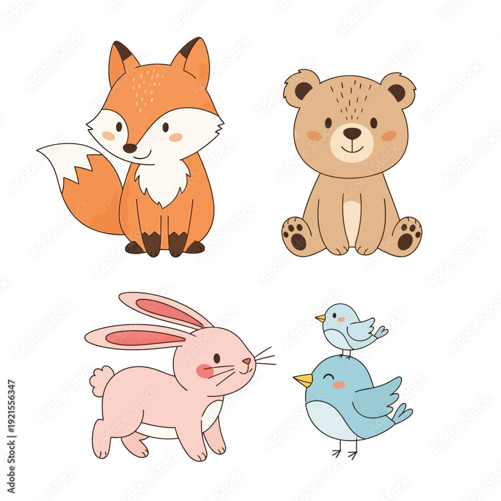 Obraz premium Cute Cartoon Forest Animals: Fox, Bear, Rabbit, and Birds Illustration
